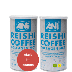 Kolagén Reishi BIO instantná káva s MCT olejom - Cordyceps - Ashwagandha  - Chaga - Guarana - Lion's Mane 100g plechovka 1+1 zadarmo ANilab